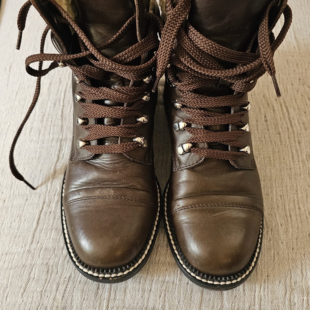 CHANEL Cream and Brown Lace-Up Boots